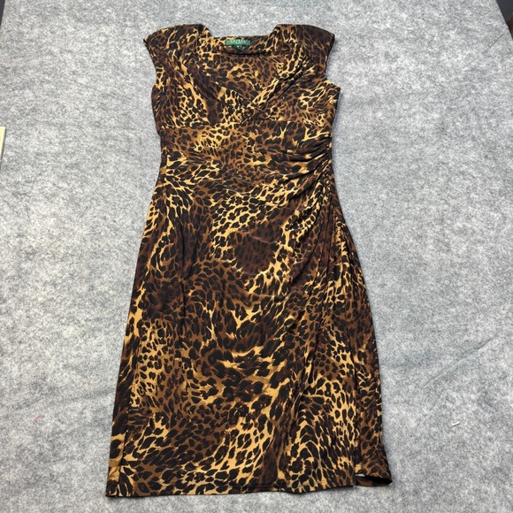 Ralph Lauren LRL Dress Womens 10 Brown Black Leopard Print Babydoll Faux Wrap - Picture 1 of 8